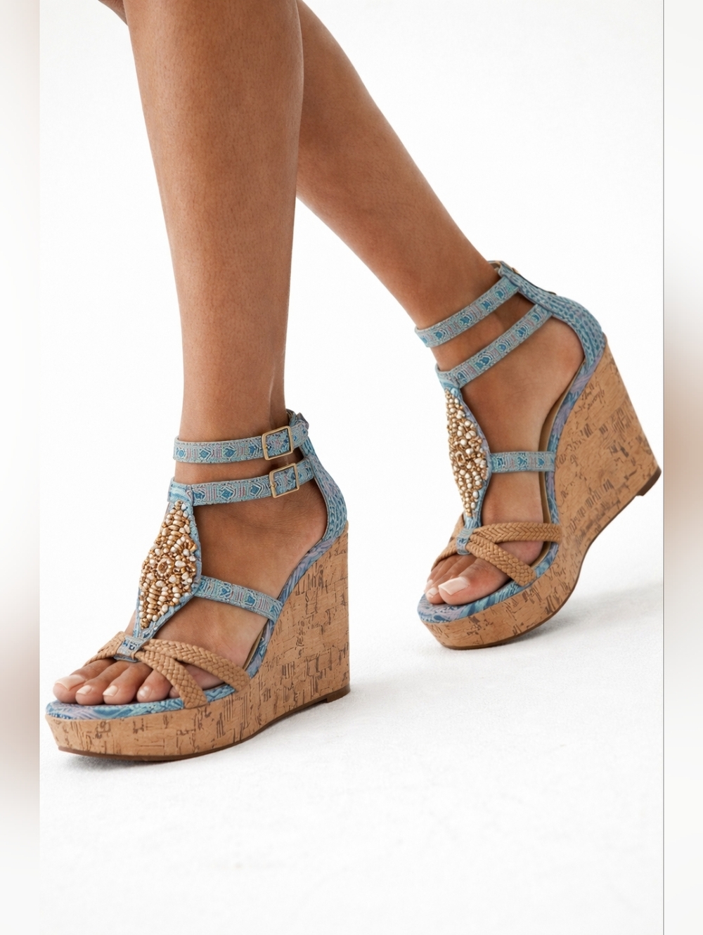 Tribal Print with Beading Detail Corked Wedges